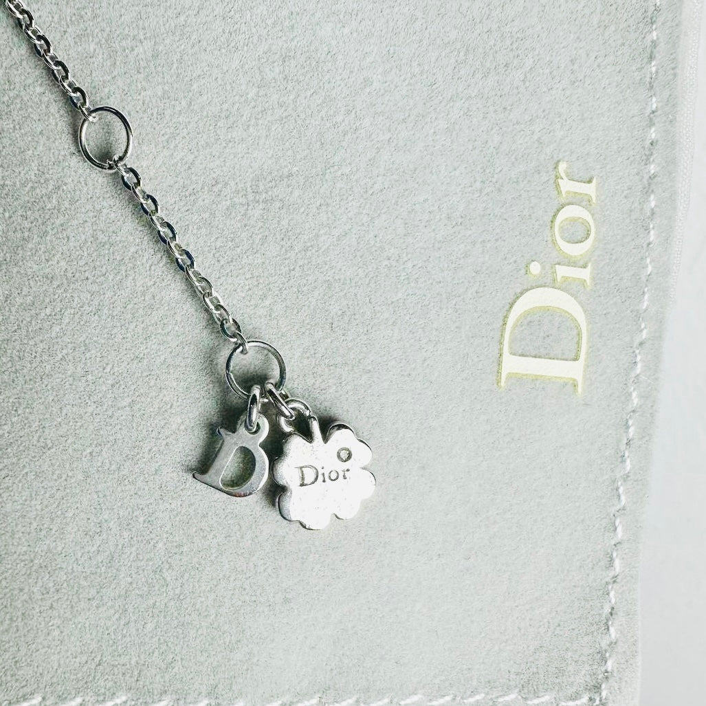 Christian Dior CD Giant Monogram Logo Charms & Clover Pendant Silver & Crystals Necklace