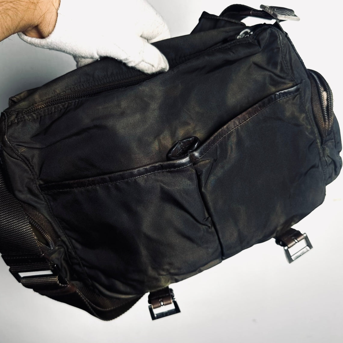 Prada Dark Brown Tessuto Monogram Logo Flap Shoulder Sling Bag