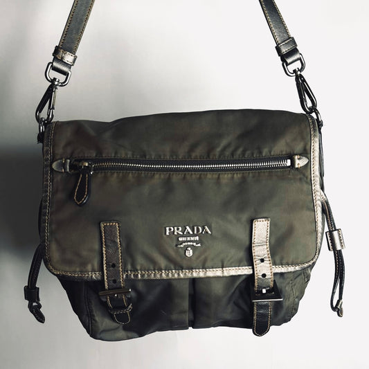 Prada Dark Khaki Tessuto Monogram Logo Nylon & Leather Flap Shoulder Sling Messenger Bag
