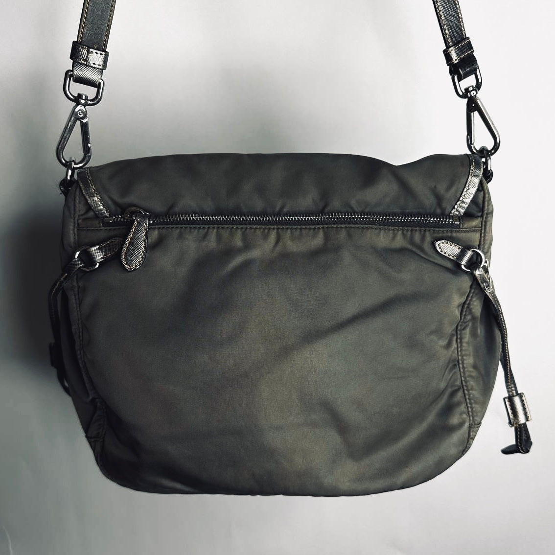 Prada Dark Khaki Tessuto Monogram Logo Nylon & Leather Flap Shoulder Sling Messenger Bag