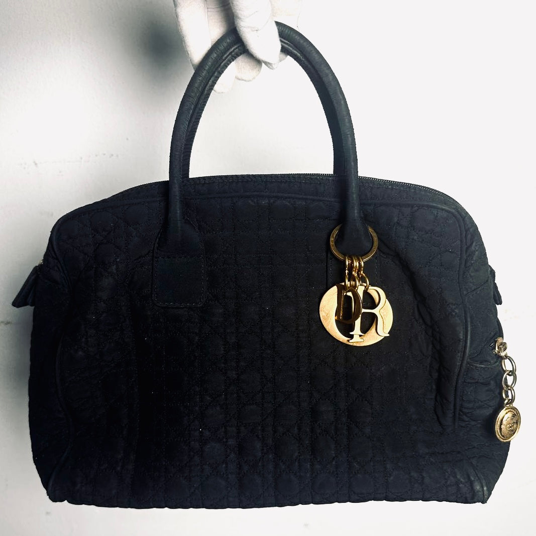 Christian Dior CD Black GHW Lady Dior Cannage Quilted Nylon Top Handle Boston Shopper Tote Bag