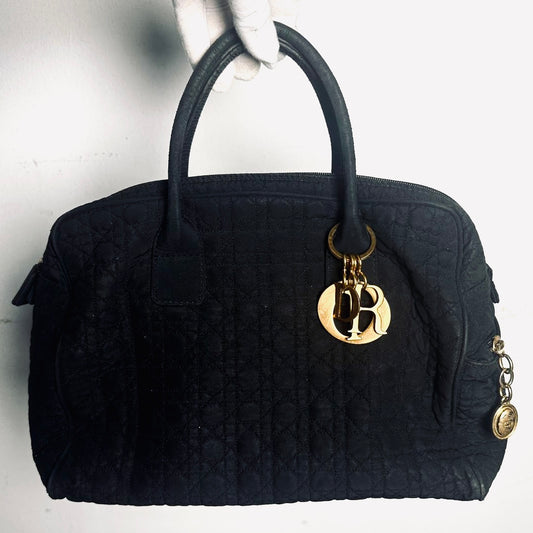 Christian Dior CD Black GHW Lady Dior Cannage Quilted Nylon Top Handle Boston Shopper Tote Bag