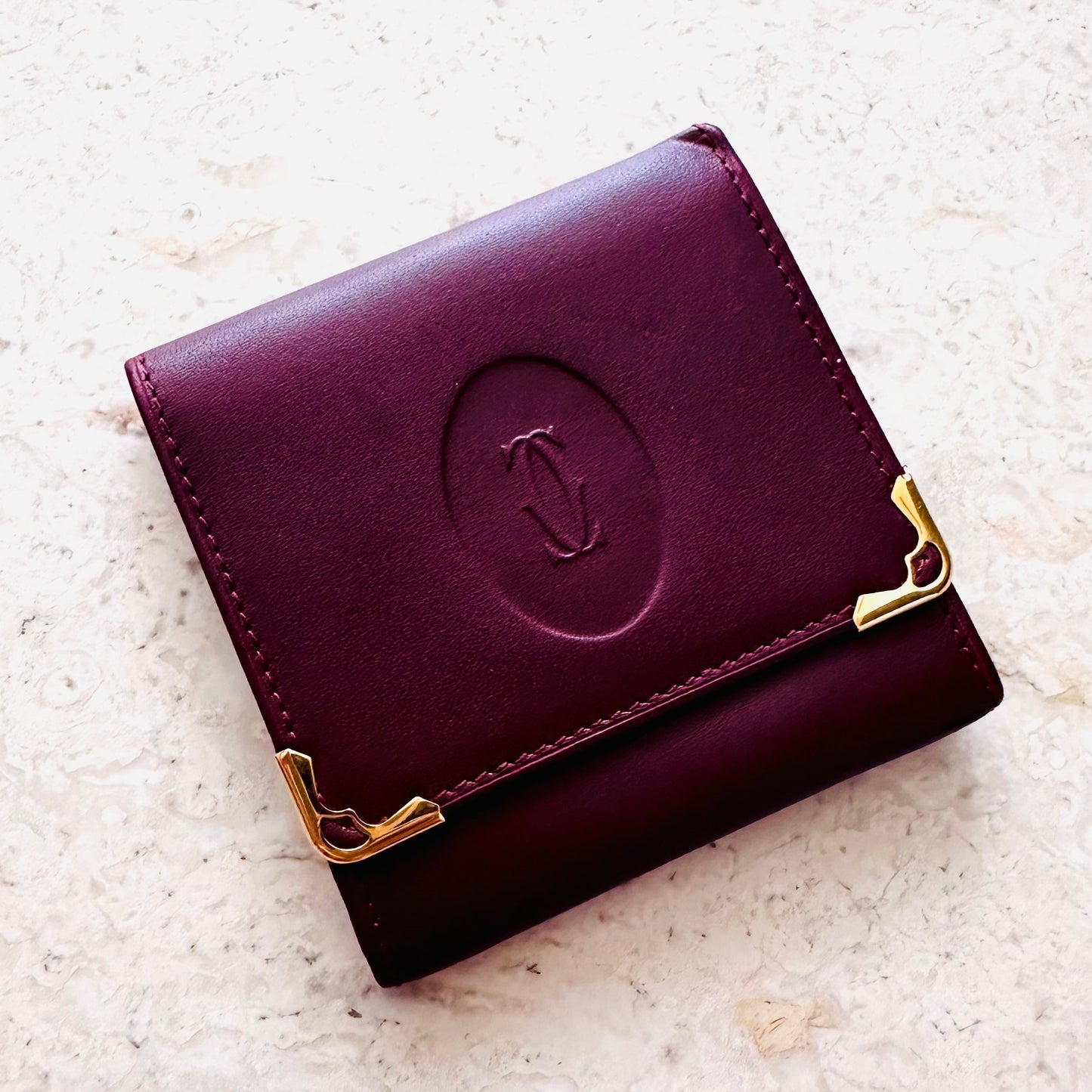 Cartier Maroon GHW Monogram Logo Smooth Leather Vintage Flap Compact Wallet
