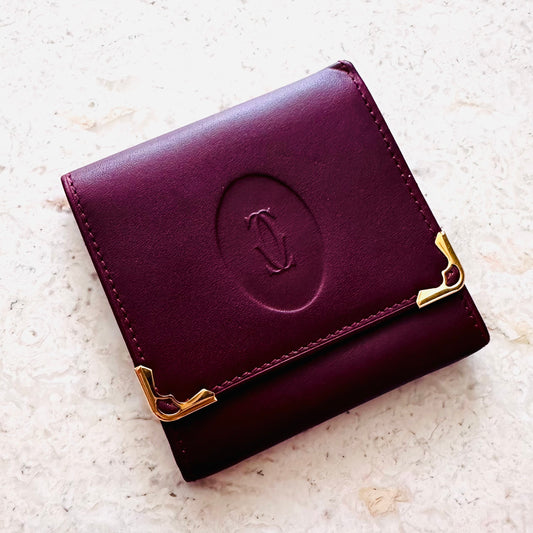 Cartier Maroon GHW Monogram Logo Smooth Leather Vintage Flap Compact Wallet