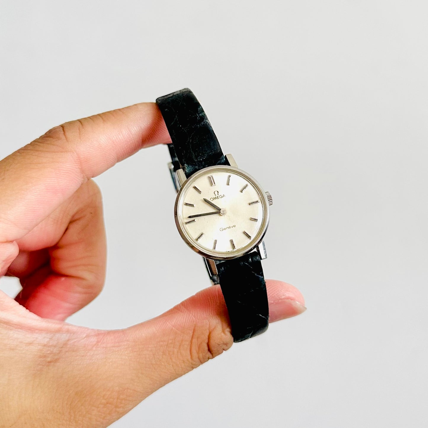 Omega Geneve White Dial Black Leather Strap 22MM Quartz Vintage Watch