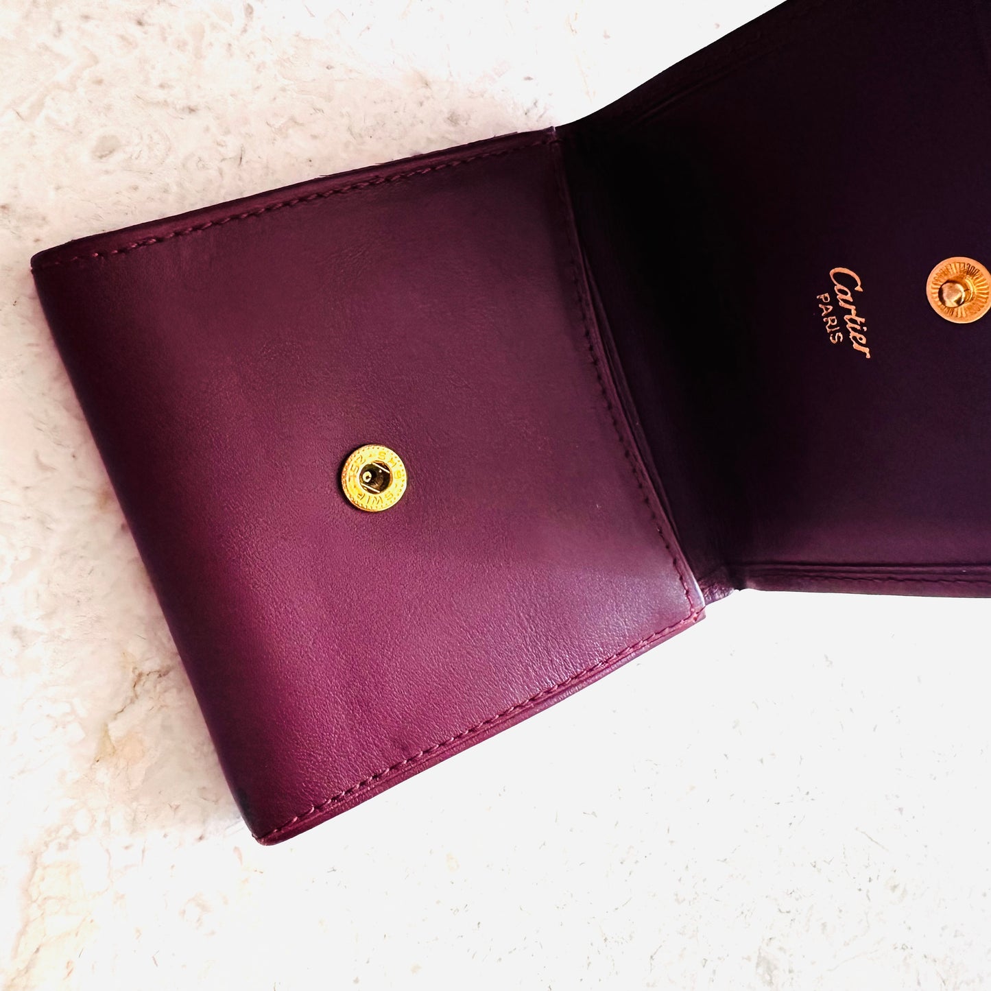 Cartier Maroon GHW Monogram Logo Smooth Leather Vintage Flap Compact Wallet