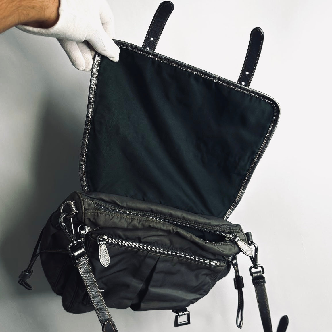 Prada Dark Khaki Tessuto Monogram Logo Nylon & Leather Flap Shoulder Sling Messenger Bag