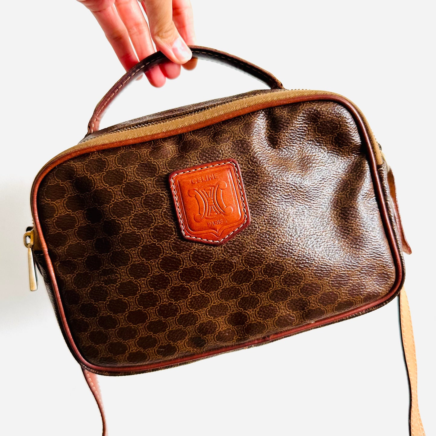 Celine Triomphe Macadam Monogram Logo GHW Wide Vanity Case Vintage Top Handle Shoulder Sling Bag