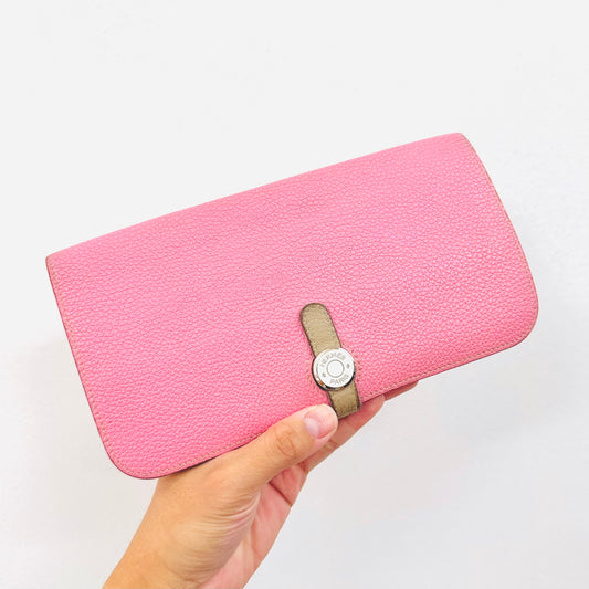 Hermes Dogon Bubblegum Pink / Gris Tourterelle Clemence Taurillon Leather H Long Bifold Flap Wallet