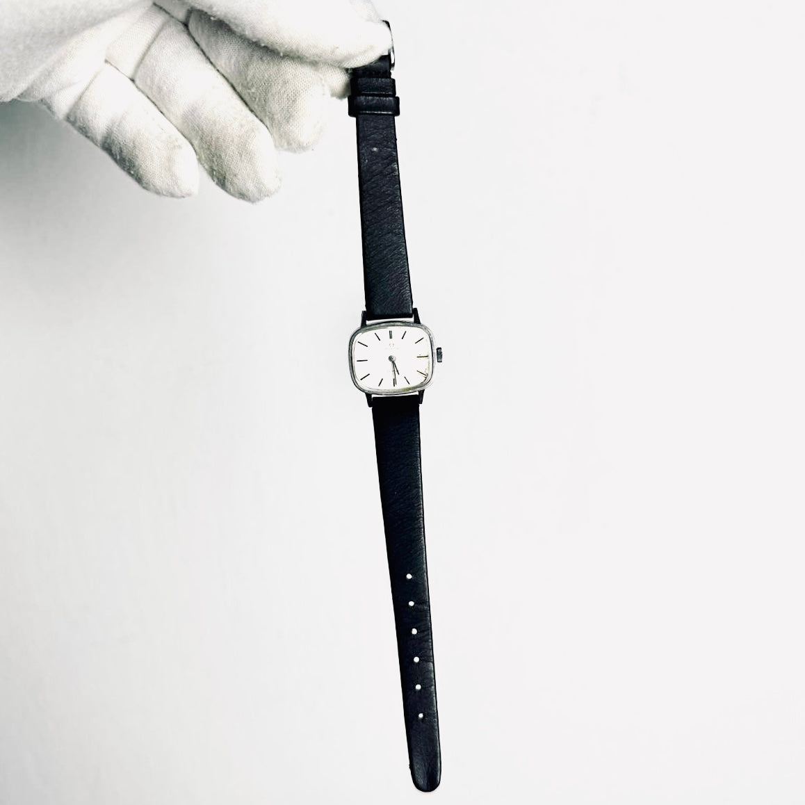 Omega De Ville White Square Dial Black Leather Strap 24MM Vintage Watch