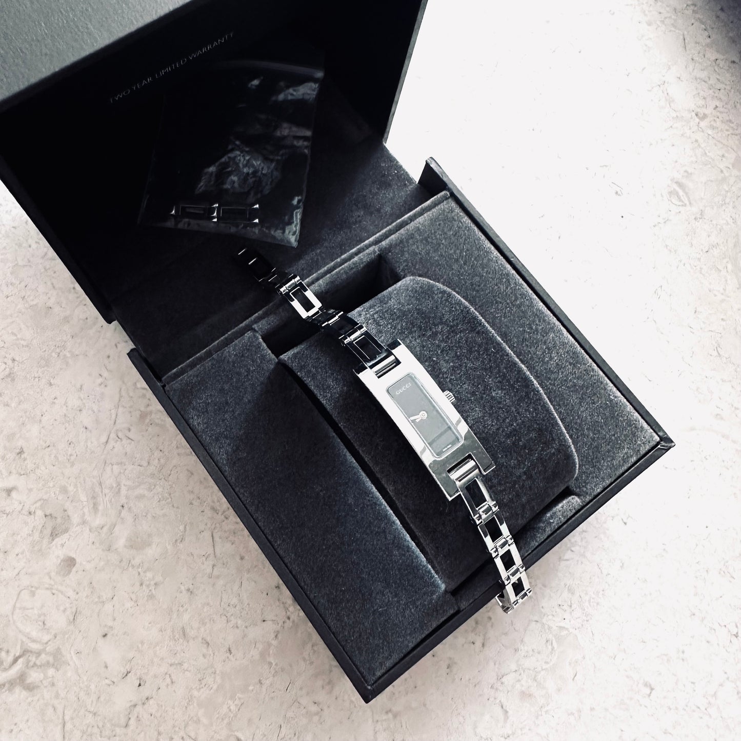 Gucci Black Dial Rectangular 12MM Stainless Steel Quartz Bangle Watch 3900L