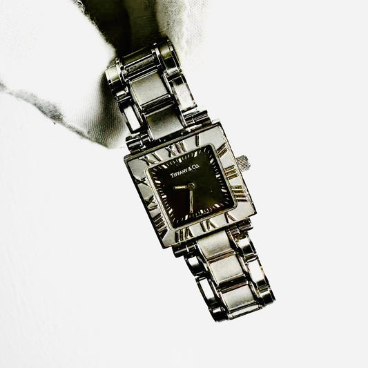 Tiffany & Co T&C Atlas Black Square Dial Roman Numerals 23MM Quartz Watch