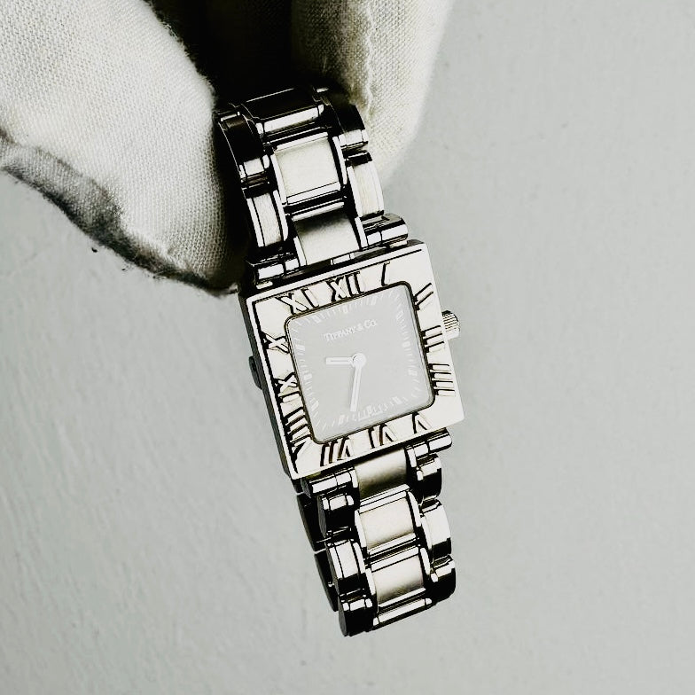 Tiffany & Co T&C Atlas Black Square Dial Roman Numerals 23MM Quartz Watch