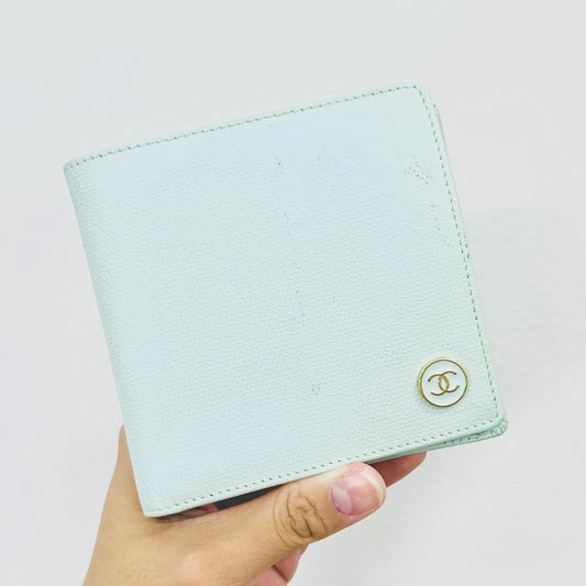 Chanel Tiffany Blue GHW CC Logo Grained Calfskin Bifold Flap Compact Wallet 9s