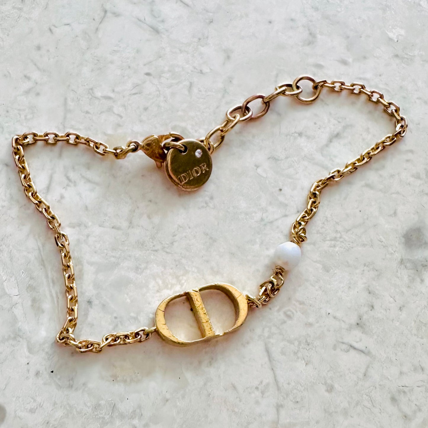 Christian Dior Petit CD Monogram Logo & Pearl Charm Signature Classic Gold Chain Bracelet
