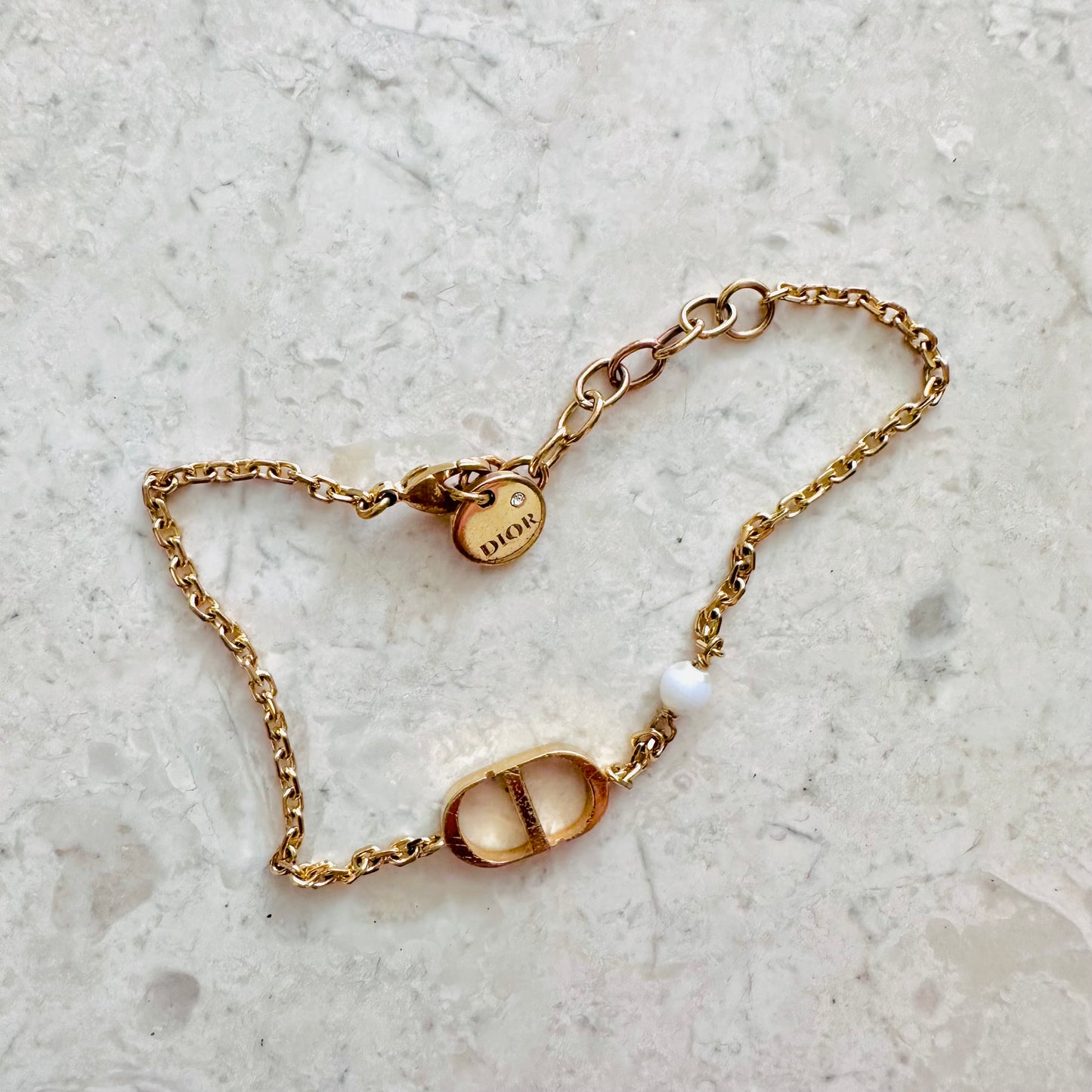 Christian Dior Petit CD Monogram Logo & Pearl Charm Signature Classic Gold Chain Bracelet