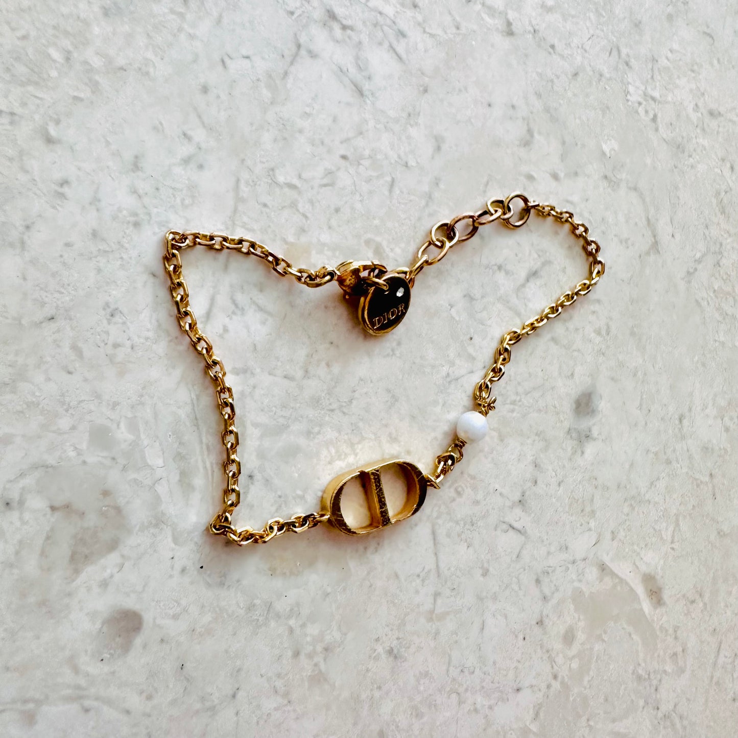 Christian Dior Petit CD Monogram Logo & Pearl Charm Signature Classic Gold Chain Bracelet