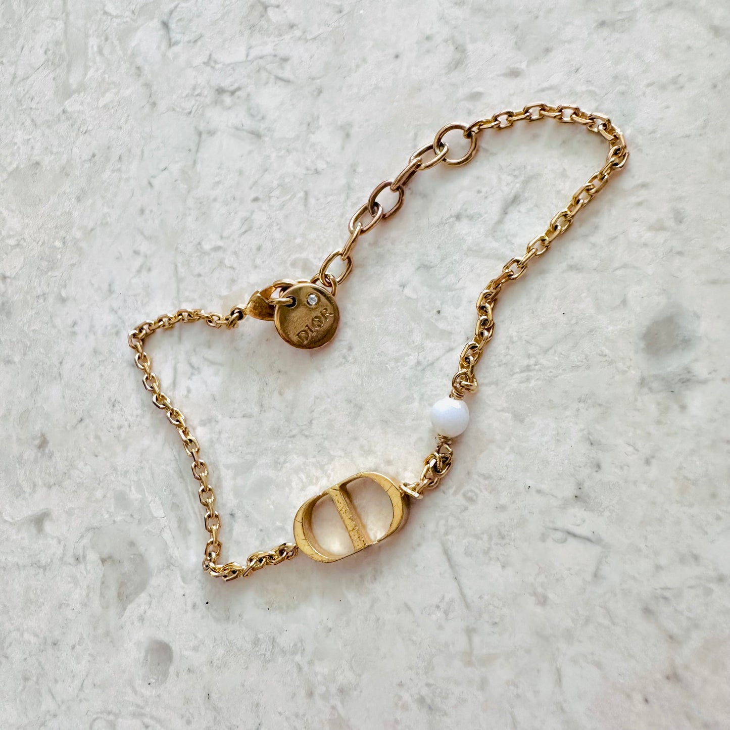 Christian Dior Petit CD Monogram Logo & Pearl Charm Signature Classic Gold Chain Bracelet