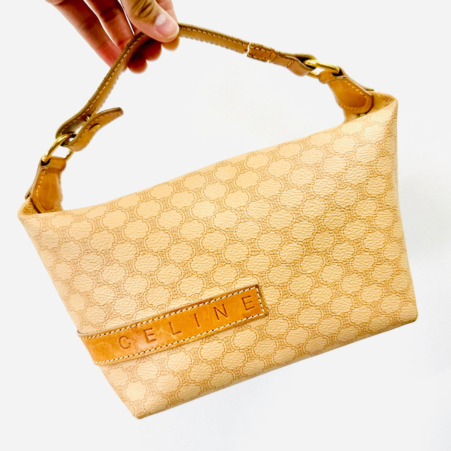 Celine Beige Tan GHW Macadam Monogram Logo Vintage Hobo Baguette Shoulder Pochette Bag