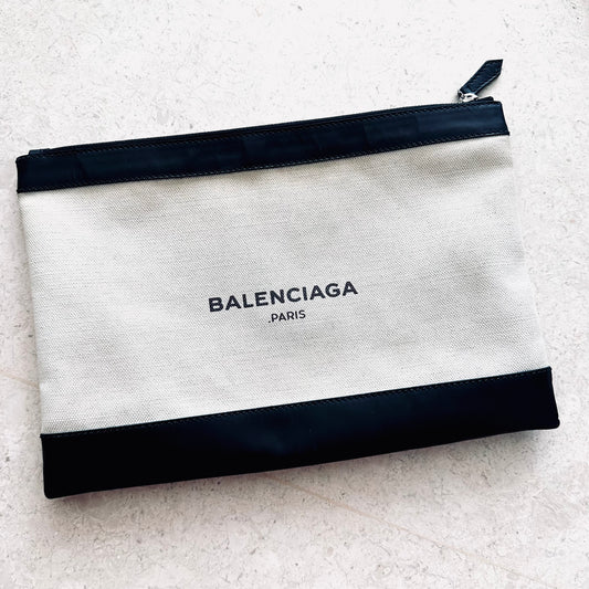 Balenciaga Black / White Everyday Medium Classic Clip M Toile / Leather Zip Clutch Folio Pouch Case