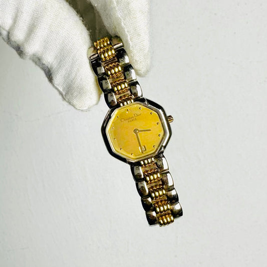 Christian Dior CD Monogram Logo Octagon Two Tone Gold Stainless Steel 25MM Watch