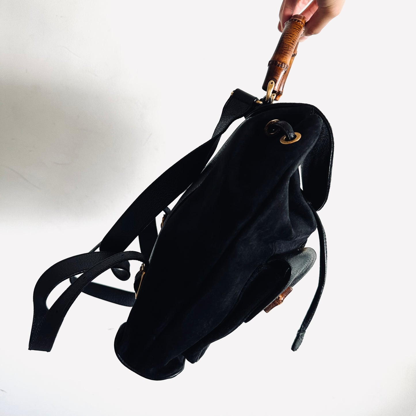 Gucci Black GHW Bamboo Handle Suede Monogram Logo Flap Backpack Bag