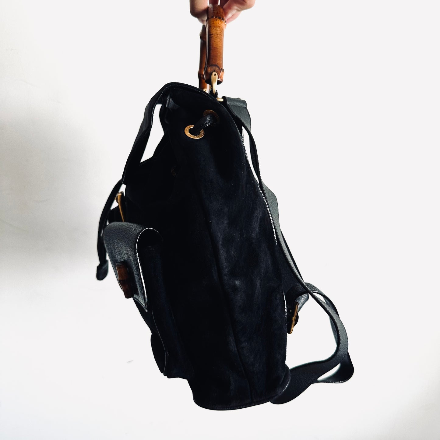Gucci Black GHW Bamboo Handle Suede Monogram Logo Flap Backpack Bag