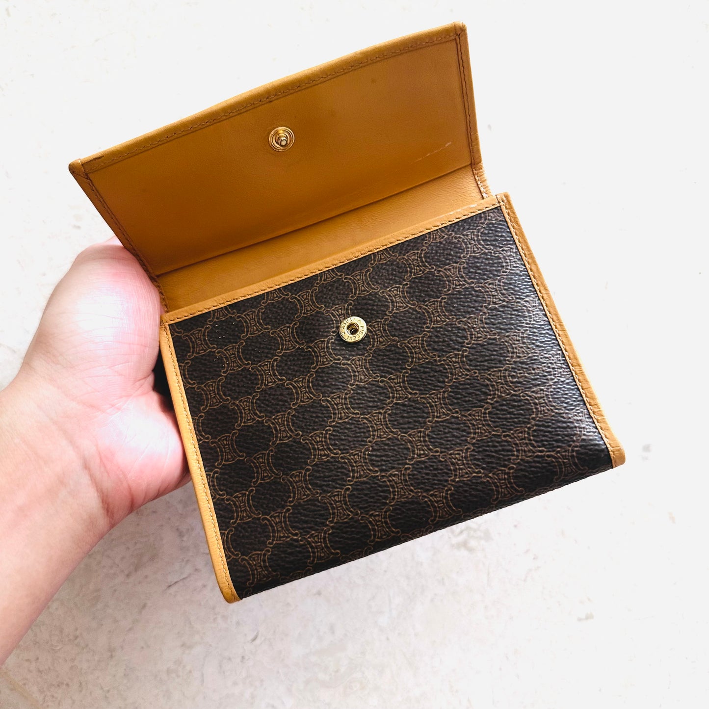 Celine Triomphe Macadam Monogram Logo GHW Flap Compact Trifold Wallet