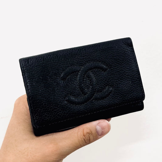 Chanel Black GHW Caviar Giant CC Monogram Logo 6 Key Cles Flap Pouch Case 9s