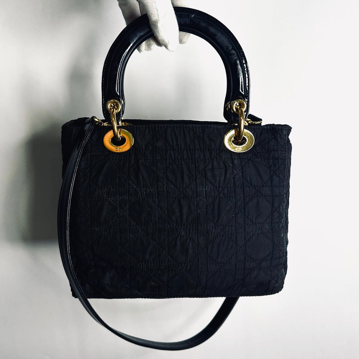 Christian Dior CD Black GHW Medium Lady Dior Cannage Quilted Nylon Monogram Logo 2-Way Top Handle Shoulder Sling Bag