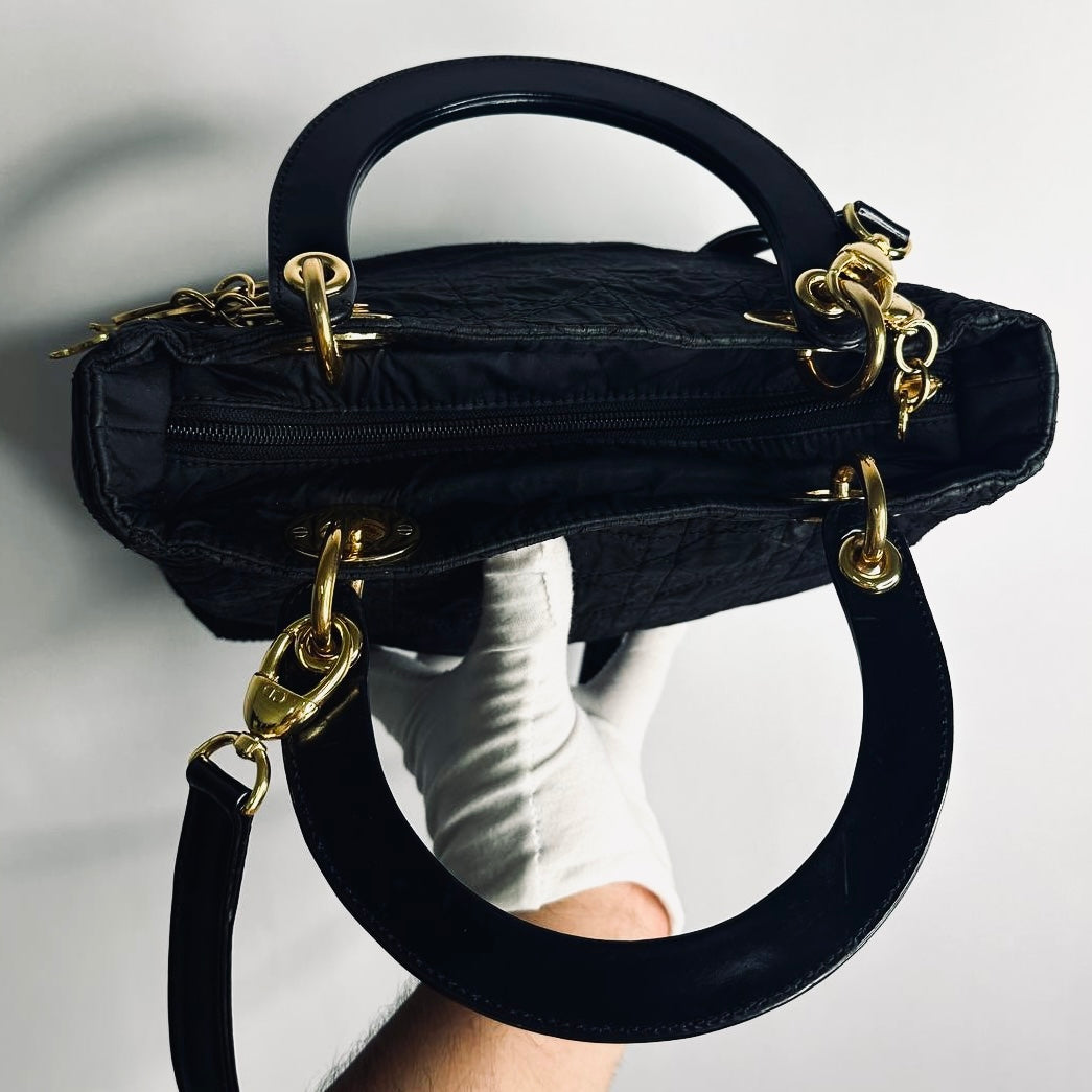 Christian Dior CD Black GHW Medium Lady Dior Cannage Quilted Nylon Monogram Logo 2-Way Top Handle Shoulder Sling Bag