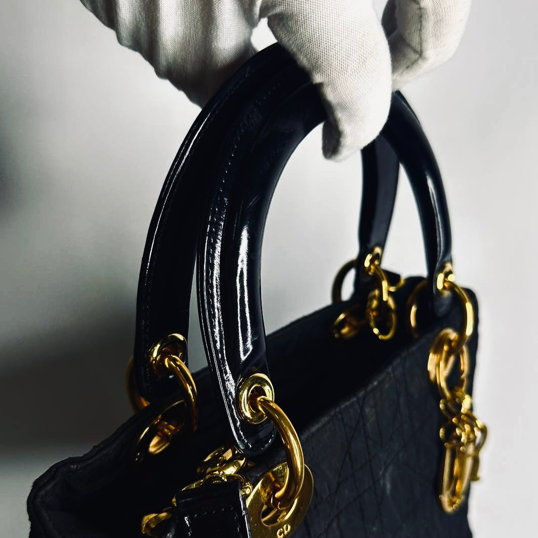 Christian Dior CD Black GHW Medium Lady Dior Cannage Quilted Nylon Monogram Logo 2-Way Top Handle Shoulder Sling Bag