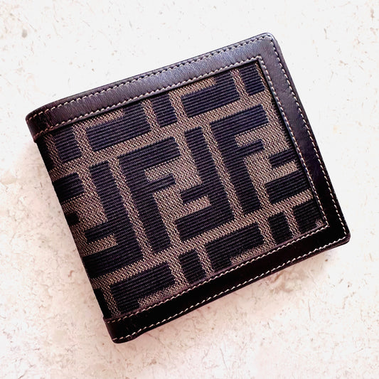 Fendi Dark Brown Zucca FF Monogram Logo Flap Compact Bifold Wallet