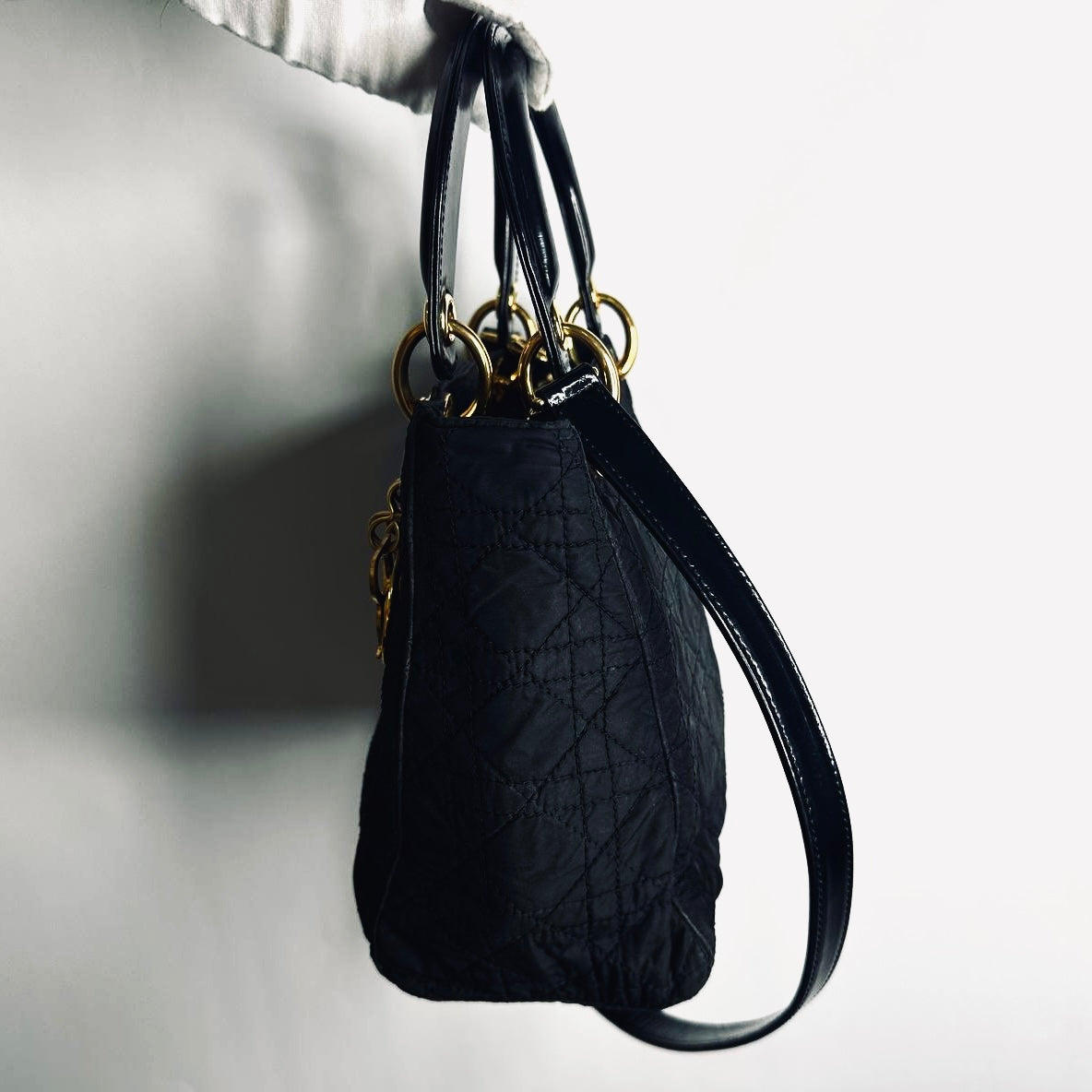 Christian Dior CD Black GHW Medium Lady Dior Cannage Quilted Nylon Monogram Logo 2-Way Top Handle Shoulder Sling Bag