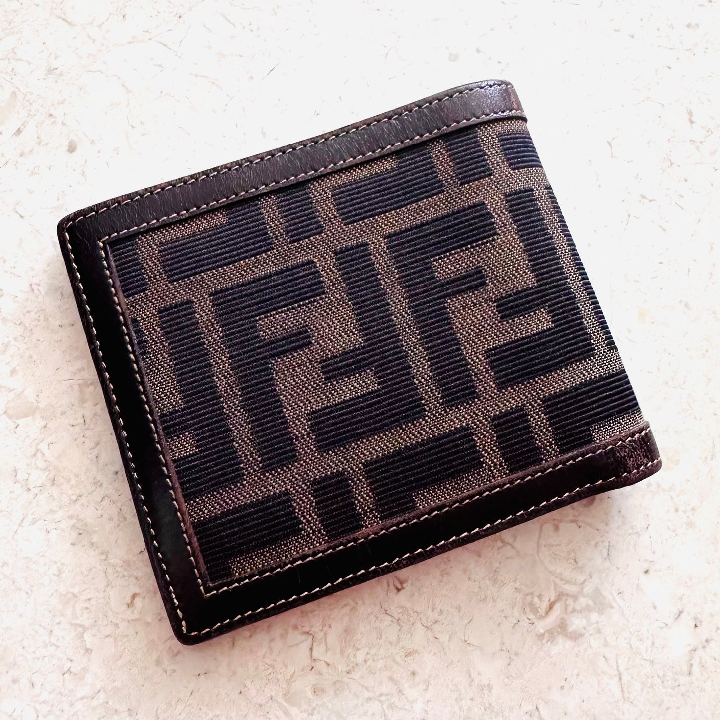 Fendi Dark Brown Zucca FF Monogram Logo Flap Compact Bifold Wallet