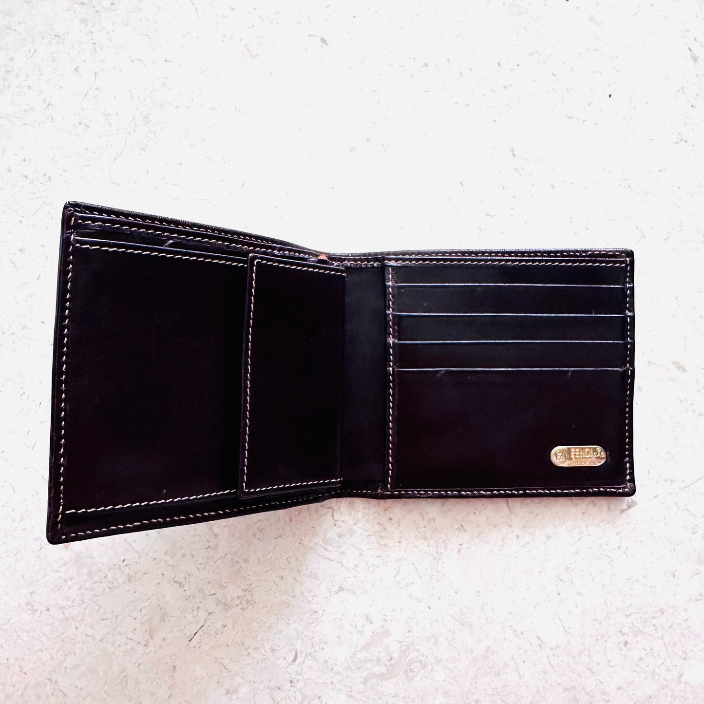 Fendi Dark Brown Zucca FF Monogram Logo Flap Compact Bifold Wallet