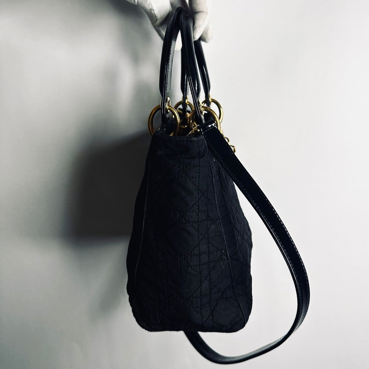 Christian Dior CD Black GHW Medium Lady Dior Cannage Quilted Nylon Monogram Logo 2-Way Top Handle Shoulder Sling Bag