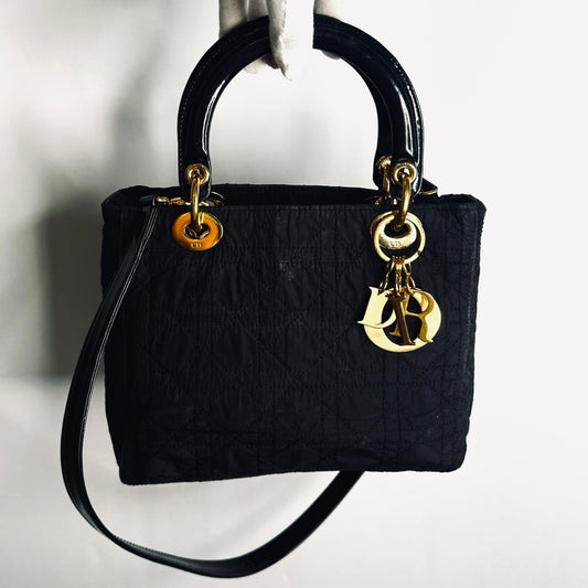 Christian Dior CD Black GHW Medium Lady Dior Cannage Quilted Nylon Monogram Logo 2-Way Top Handle Shoulder Sling Bag
