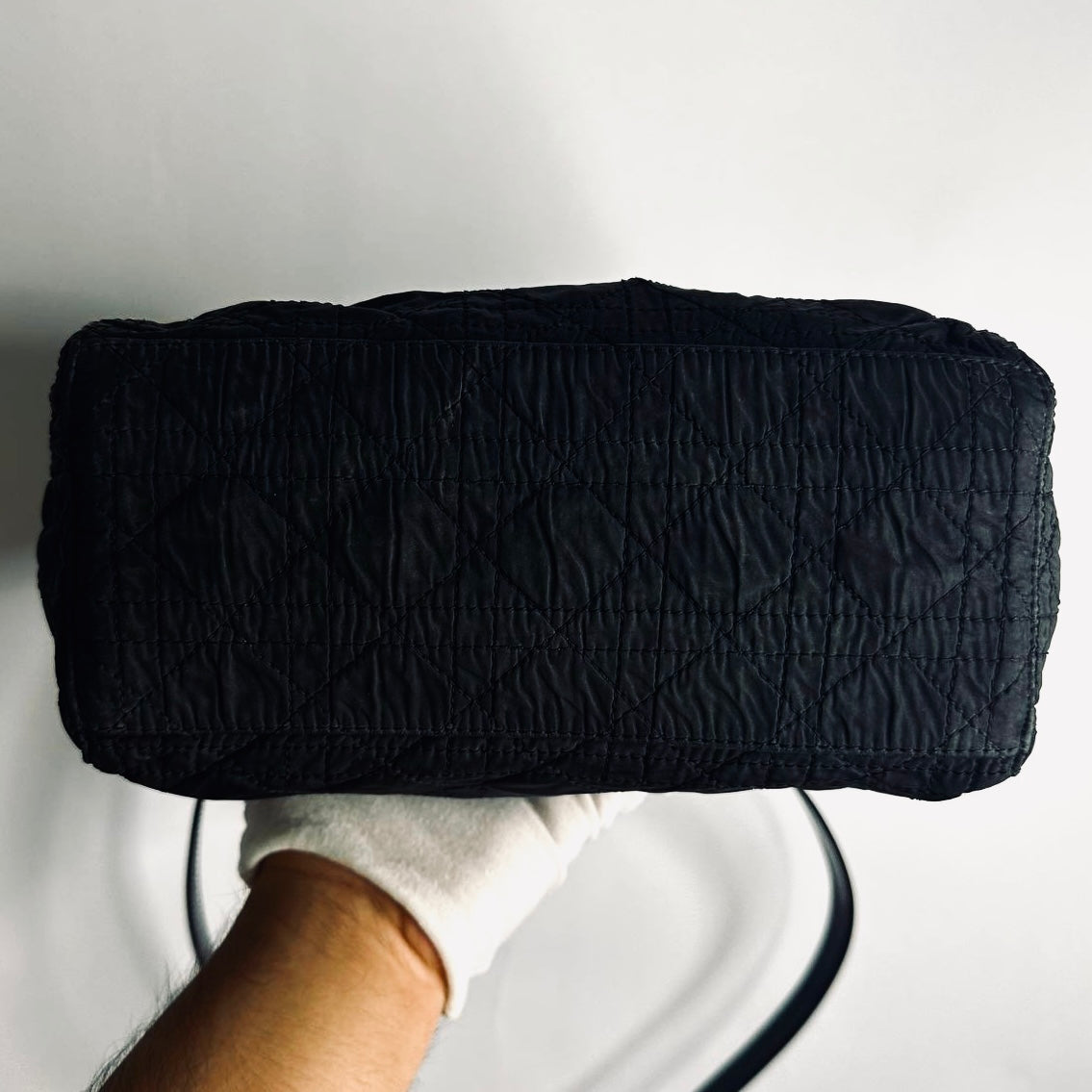 Christian Dior CD Black GHW Medium Lady Dior Cannage Quilted Nylon Monogram Logo 2-Way Top Handle Shoulder Sling Bag
