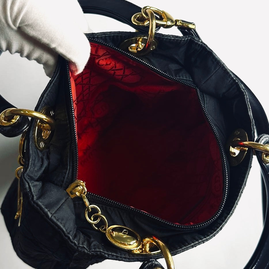 Christian Dior CD Black GHW Medium Lady Dior Cannage Quilted Nylon Monogram Logo 2-Way Top Handle Shoulder Sling Bag