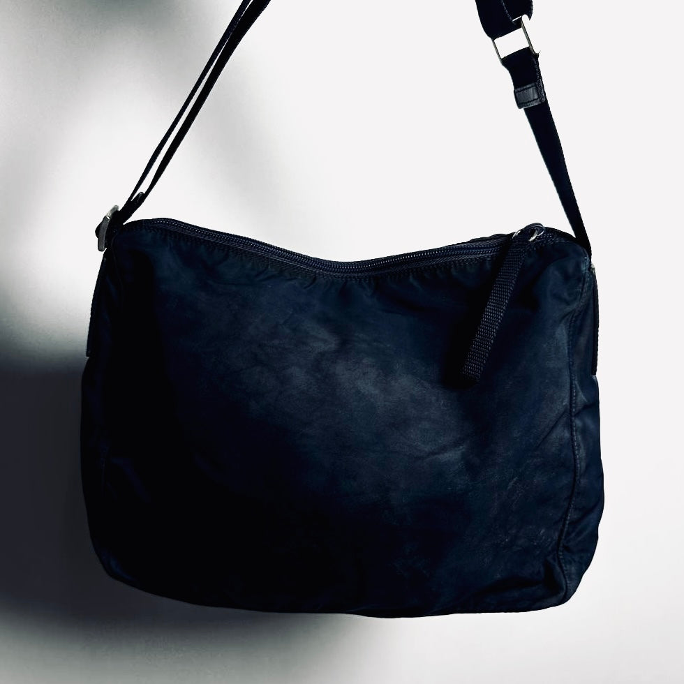 Prada Navy Blue Classic Tessuto Logo Nylon & Leather Camera Shoulder Sling Bag