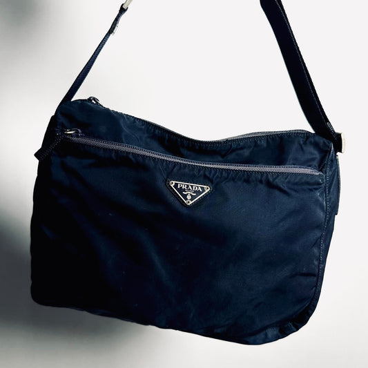 Prada Navy Blue Classic Tessuto Logo Nylon & Leather Camera Shoulder Sling Bag