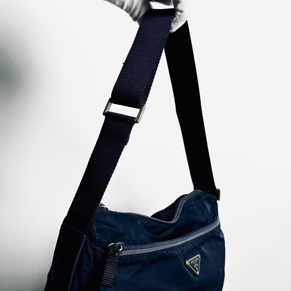 Prada Navy Blue Classic Tessuto Logo Nylon & Leather Camera Shoulder Sling Bag
