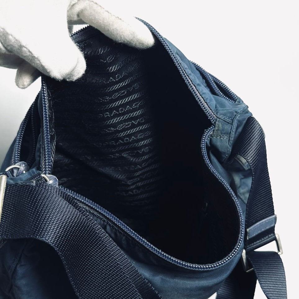 Prada Navy Blue Classic Tessuto Logo Nylon & Leather Camera Shoulder Sling Bag