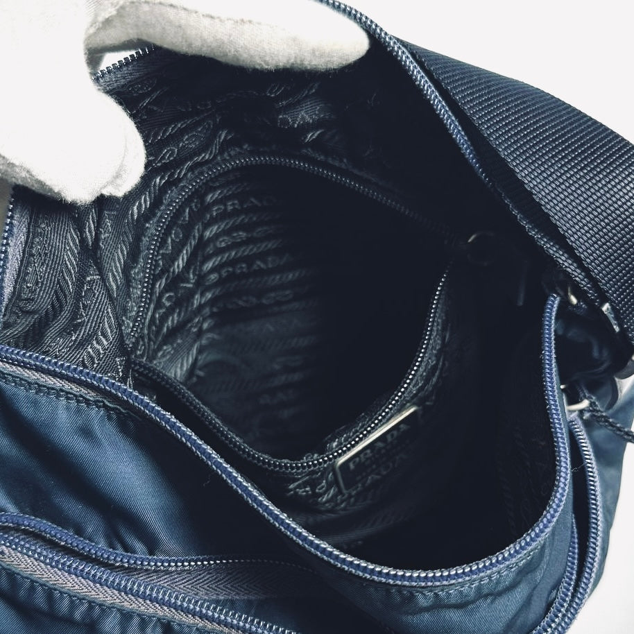 Prada Navy Blue Classic Tessuto Logo Nylon & Leather Camera Shoulder Sling Bag