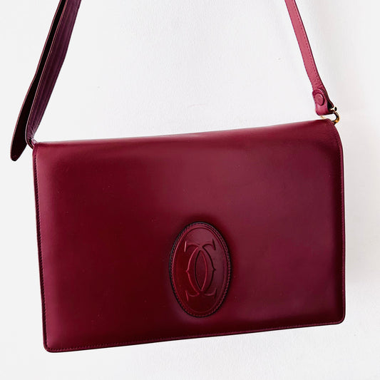 Cartier Must / Mast de Cartier Burgundy Maroon Red GHW Smooth Leather Flap Shoulder Sling Bag