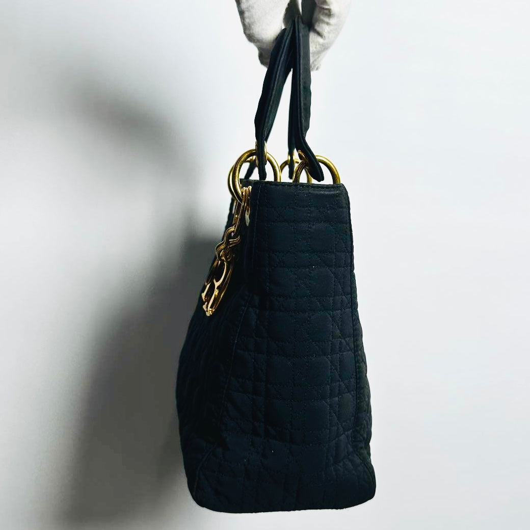 Christian Dior CD Medium Lady Dior Black GHW Quilted Cannage Jersey Fabric Top Handle Shopper Tote Bag