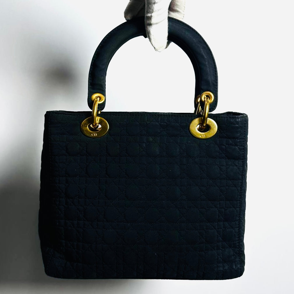 Christian Dior CD Medium Lady Dior Black GHW Quilted Cannage Jersey Fabric Top Handle Shopper Tote Bag