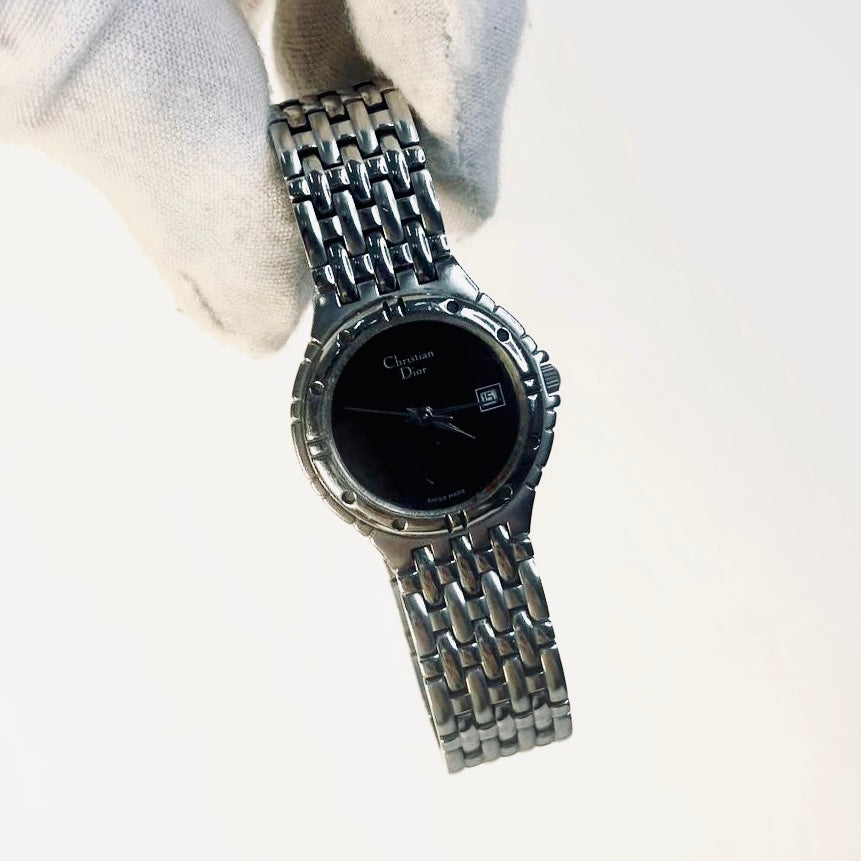 Christian Dior CD Monogram Logo Black Round Dial Stainless Steel 24MM Watch