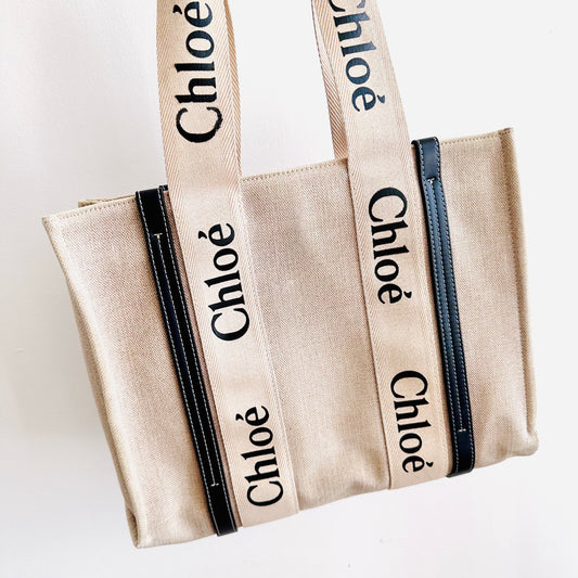 Chloe Woody Beige / Black / White Monogram Logo Shopper Medium Shoulder Tote Bag